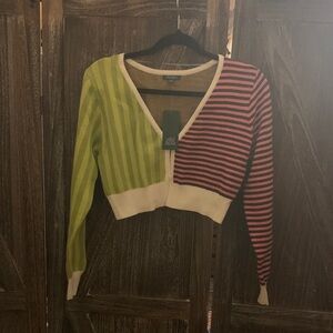 Wild Fable Striped V-Neck Crop Top Sweater- Green and Pink.